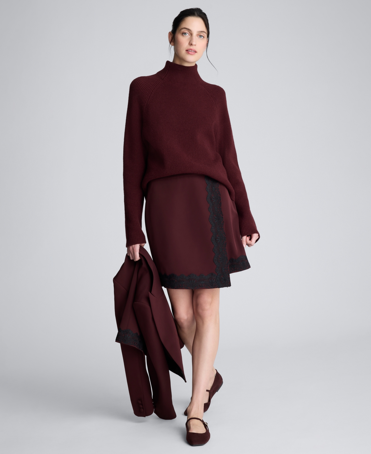 Kenneth Cole Luxe Twill Faux Wrap Mini Skirt With Lace Trim In Brown
