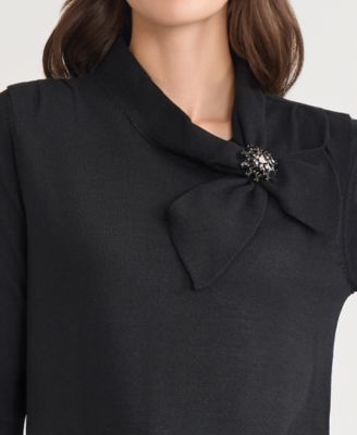 Women's Beaded-Brooch Tie-Neck Sweater, Regular & Petite