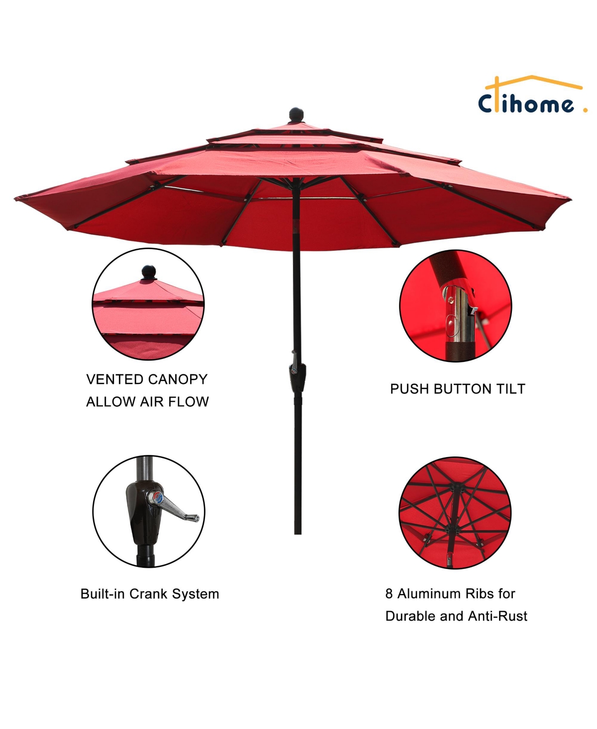 Clihome 3-Tier Patio Umbrella,10ft Outdoor Table Umbrella Large Pool For Deck, Pool, Garden, Patio，Red