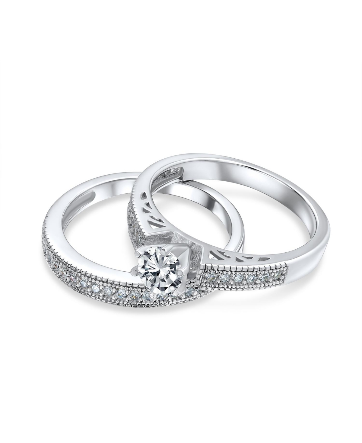Bling Jewelry 1.5CT Round Cubic Zirconia Solitaire 6 Prong Milgrain Cz Pave Promise Band Ring Set Sterling Silver