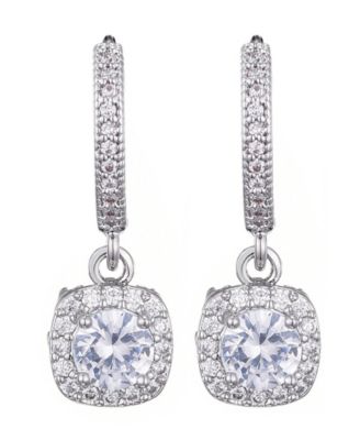 Silver CZ Cushion Halo Huggie Earrings