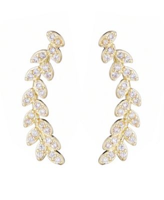 Gold CZ Curved Leaf Drop Earrings
