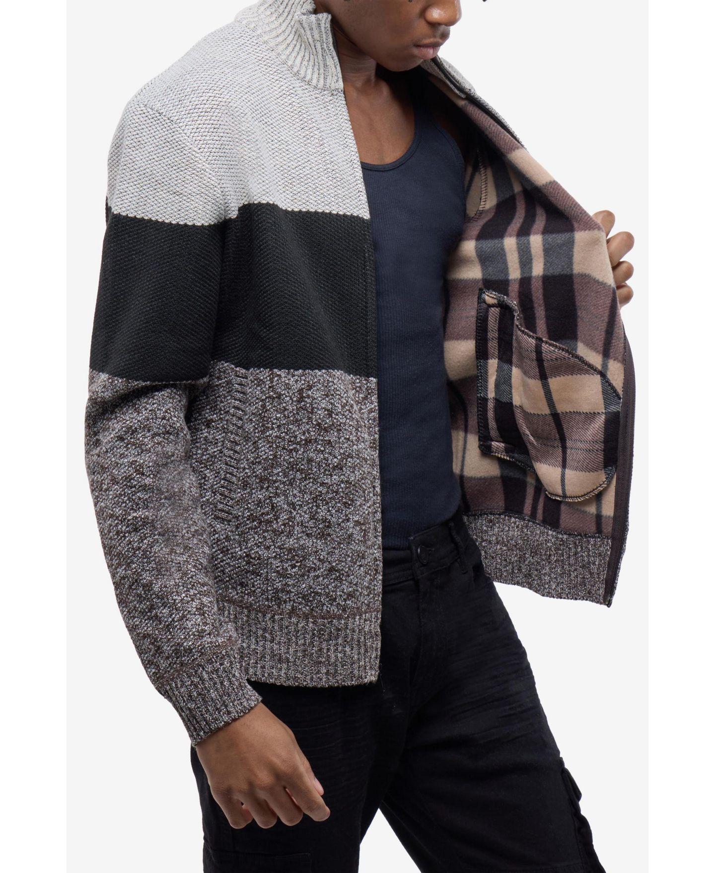 Мужской свитер CULTURA Full Zip Mock Neck Sweater With Fleece Lining, цвет: Шоколадный / Чёрный — фото 6