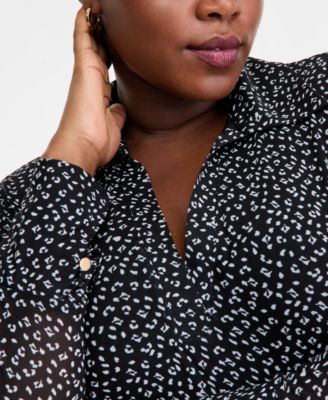 Plus Size Printed Collared Mesh Top