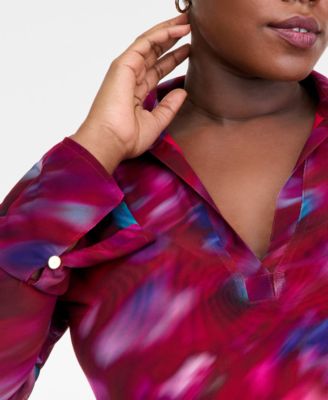 Plus Size Printed Collared Mesh Top