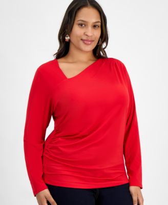 Plus Size Asymmetric-Neck Long-Sleeve Top, Macy's Exclusive 