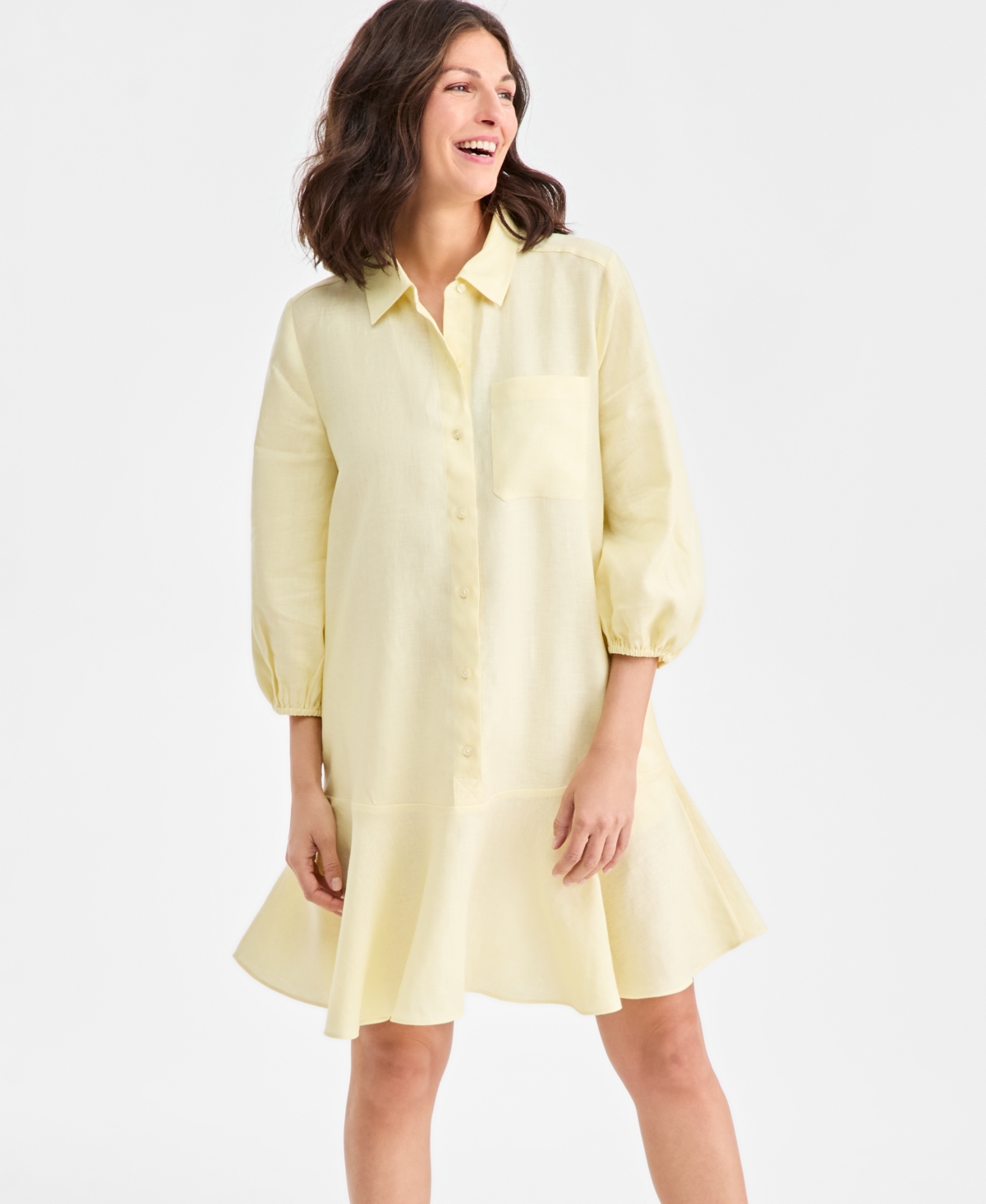 Charter Club Women's 100% Linen Flounce Shirtdress, Created For Macy's In Yellow