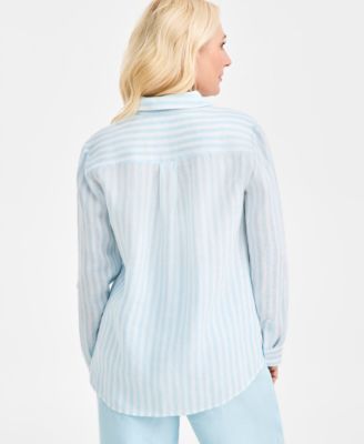 Women's 100% Linen Stripe Roll-Tab-Sleeve Shirt, Macy's Exclusive
