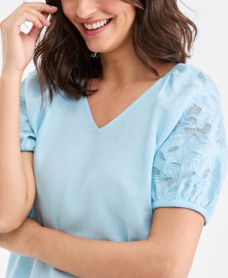 Women's 100% Linen V-Neck Appliqu&eacute;-Sleeve Top, Macy's Exclusive