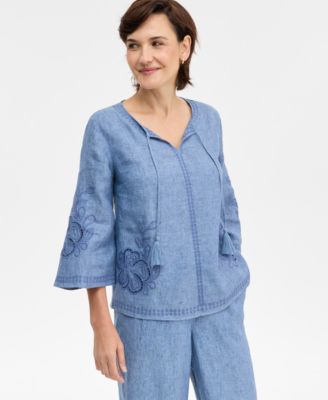 Charter Club - Women's Embroidered Linen Split-Neck Tunic