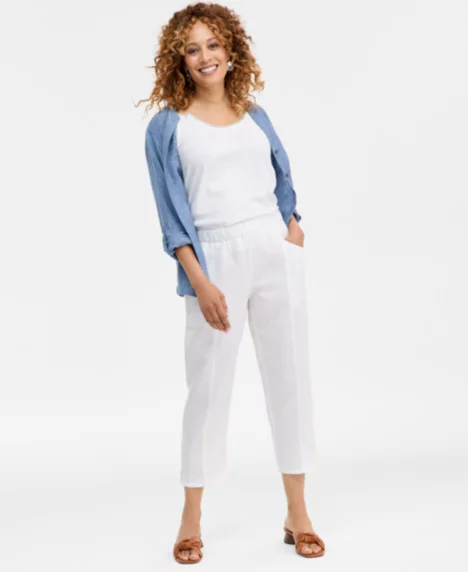 Petite Linen Tapered Fit Pants - Bright White