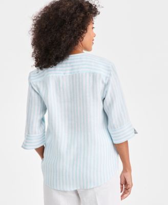 Women's 100% Linen Front-Bib 3/4-Sleeve Blouse, Macy's Exclusive