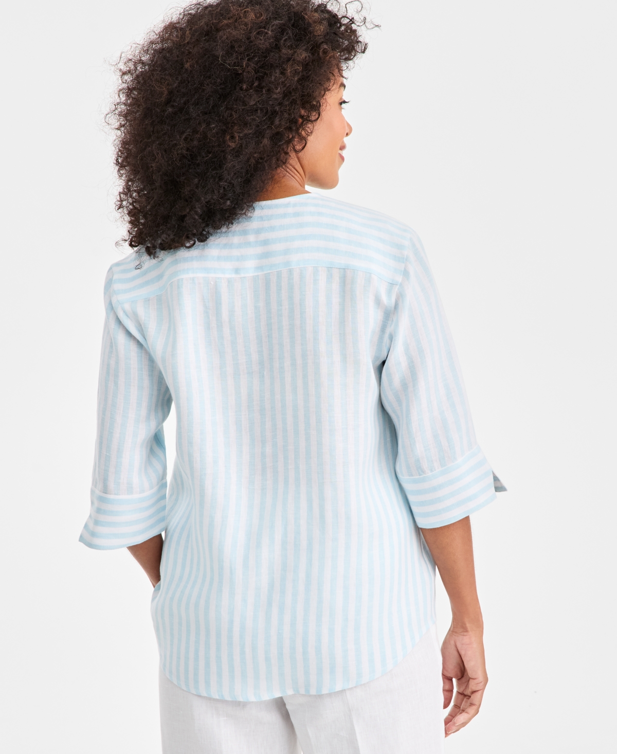 Charter Club Women's 100% Linen Front-bib 3/4-sleeve Blouse, Macy's Exclusive In Blue