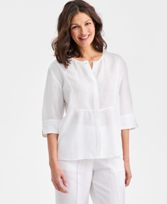 Women's 100% Linen Front-Bib 3/4-Sleeve Blouse, Macy's Exclusive