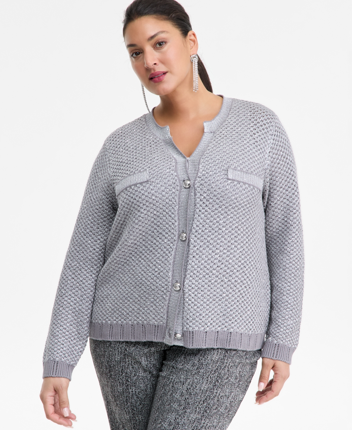 I.n.c. International Concepts Plus Size Metallic Shine Cotton Cardigan, Macy's Exclusive