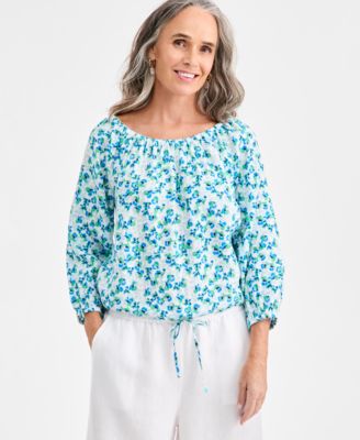 Charter Club - Women's Linen Tile On-Off-Shoulder 3/4-Sleeve Top