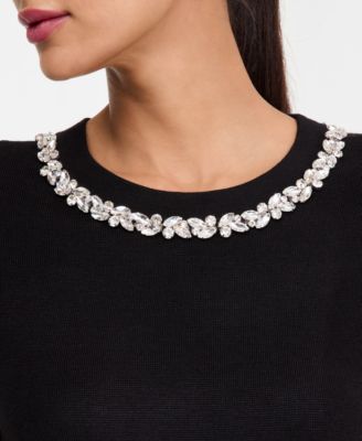 Women's Short-Sleeve Embellished-Neck Sweater