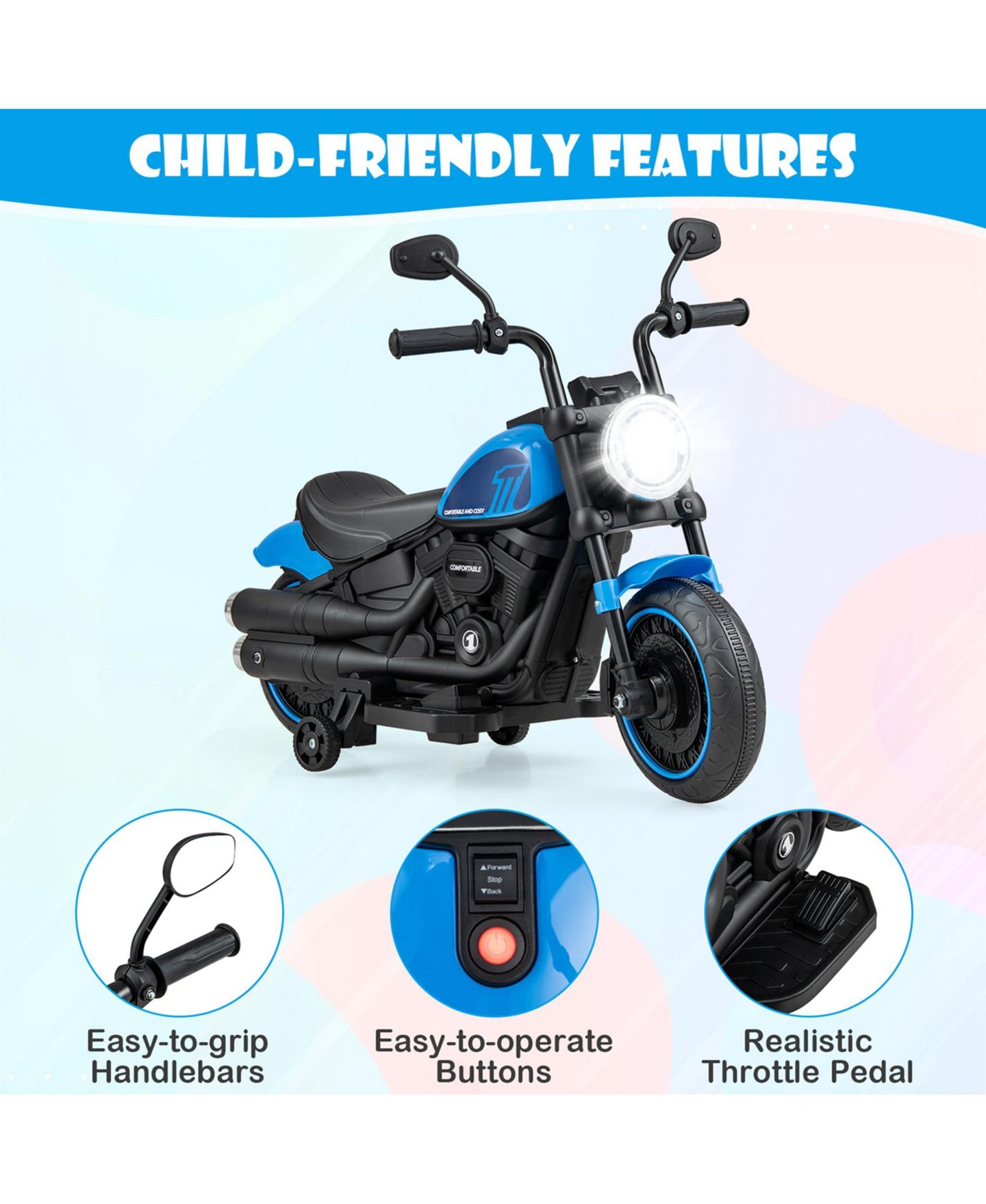 Детская игрушка Costway 6V Electric Motorcycle with Training Wheels & LED Headlight Ride-On, 55 lb. Capacity, Ages 18-36 Months, цвет: Синий — фото 6