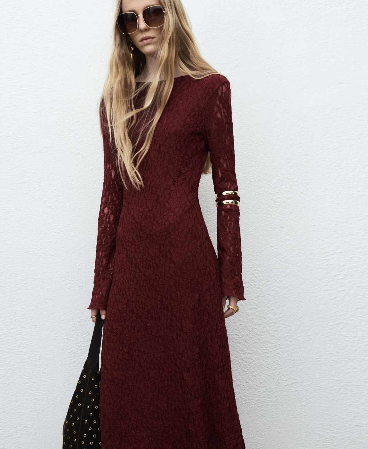 Mango Long Sleeve Lace Maxi Dress In Brown