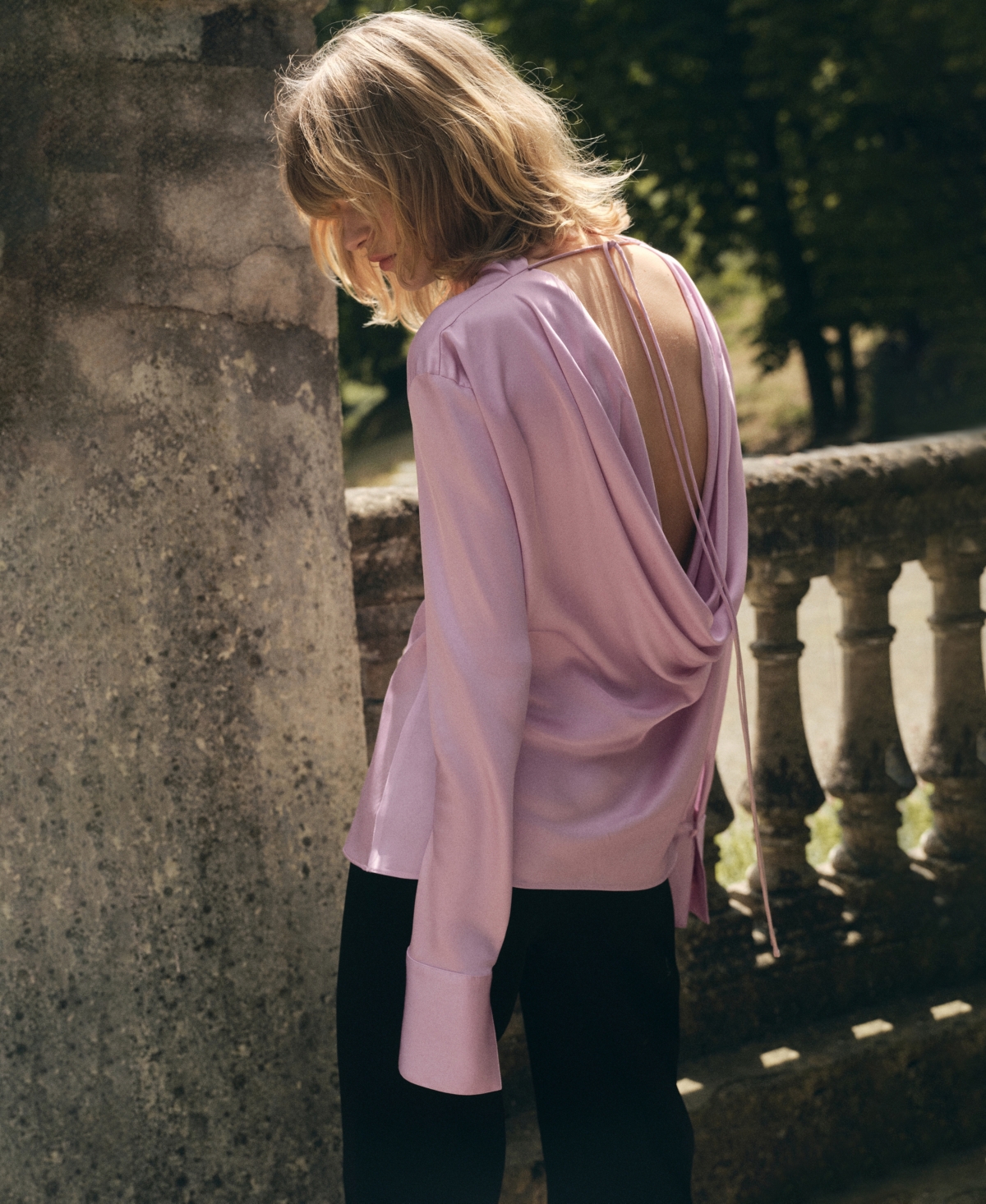 Mango Draped Back Satin Top In Pink