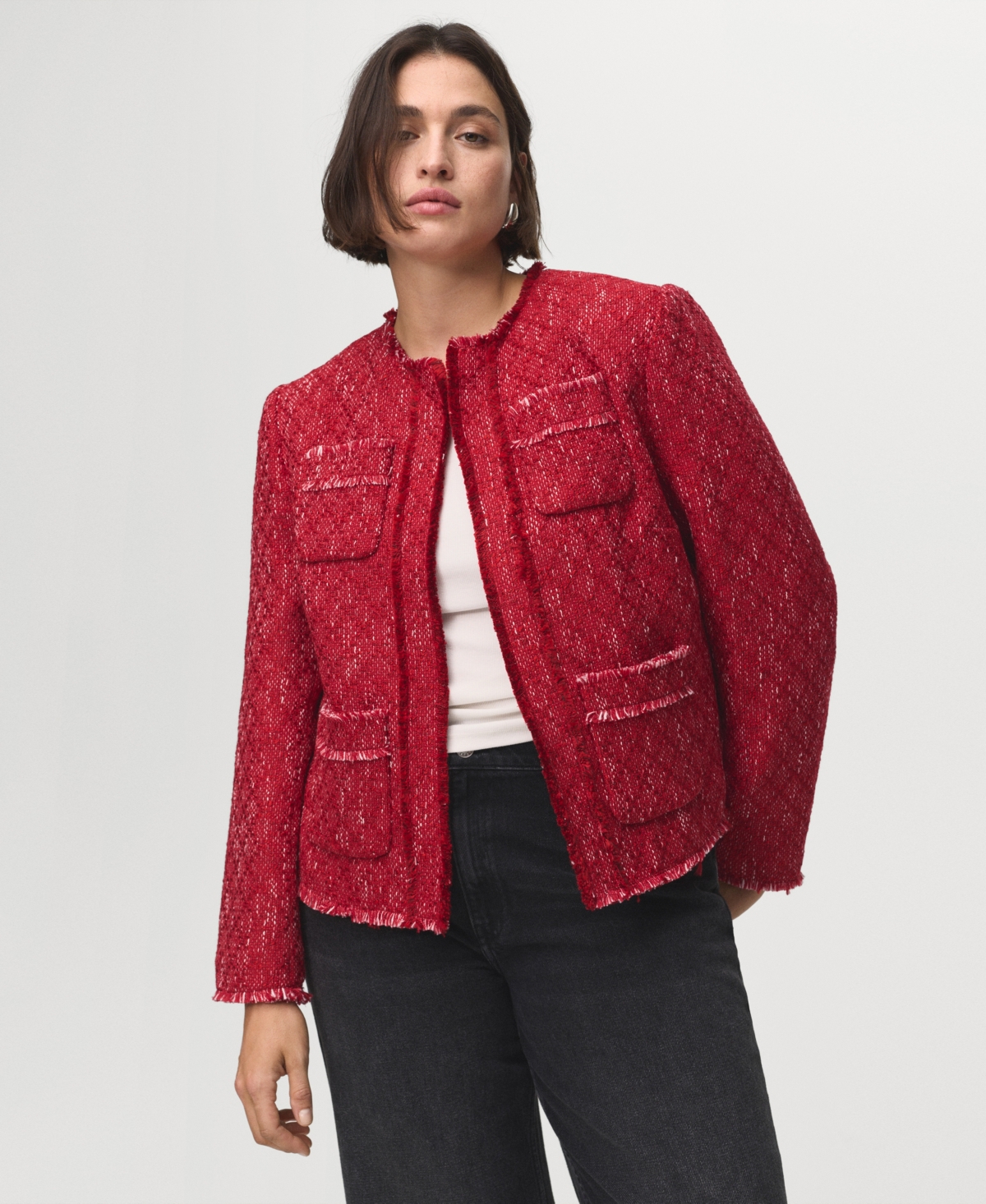 Mango Women's Frayed Ends Tweed Jacket