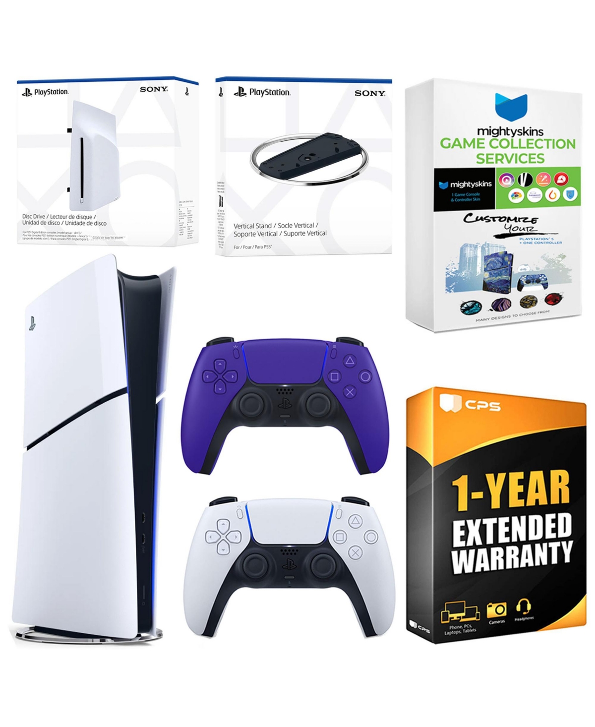 Sony PlayStation 5 Slim Digital Bundle with Disc Drive, Extra Controller, Vertical Stand, MightySkins Game Collection Services and 1 Year Extended War