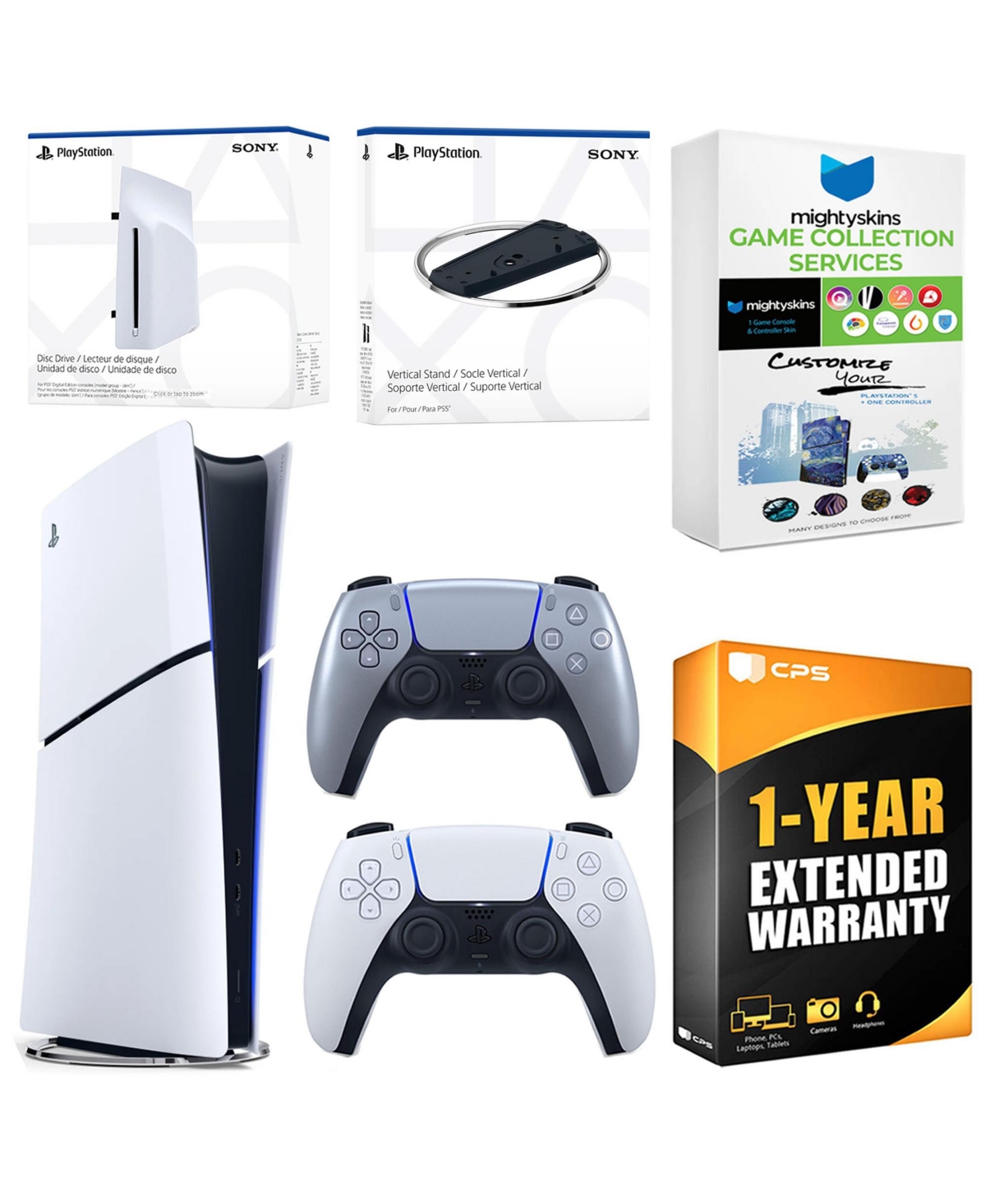 Sony PlayStation 5 Slim Digital Bundle with Disc Drive, Extra Controller, Vertical Stand, MightySkins Game Collection Services and 1 Year Extended War