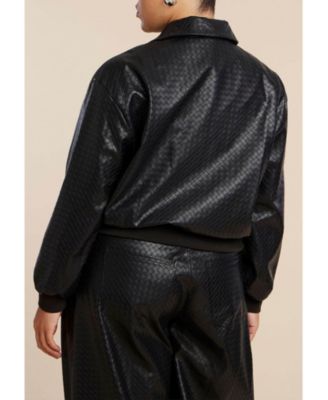 Women's Basket Weave Faux Leather Bomber Jacket
