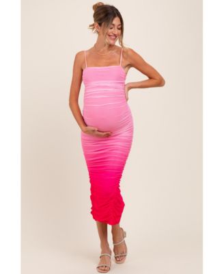 Pink Mesh Ombre Ruched Maternity Midi Dress