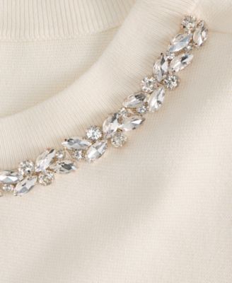 Women's Short-Sleeve Embellished-Neck Sweater, Macy's Exclusive