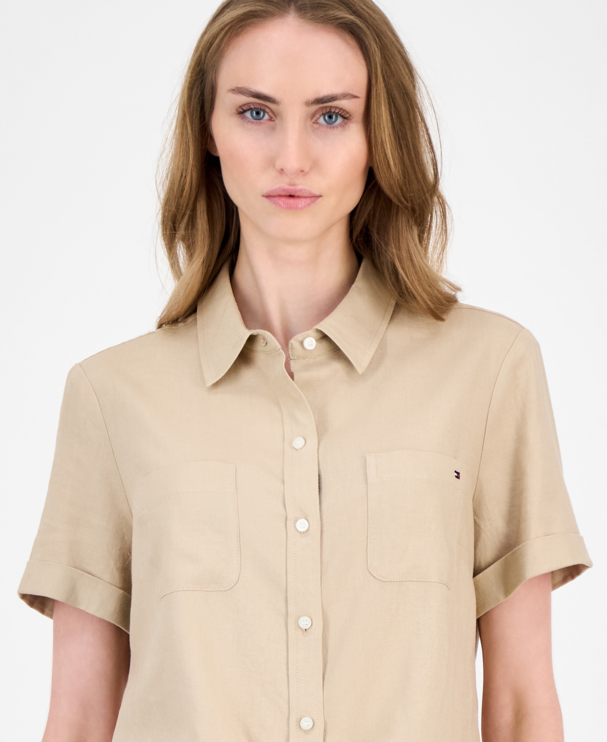 Tommy Hilfiger Women's Cuffed Short-sleeve Camp Shirt In Animal Print