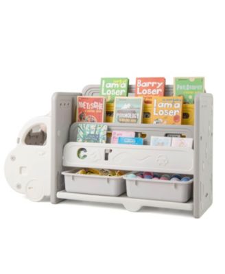 3-Tier Kids Toy Storage and Bookshelf with 2 Storage Boxes Decorative Car Head