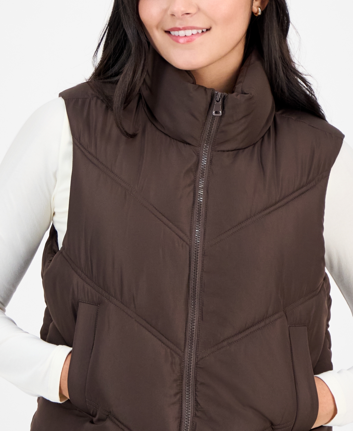 Madden Girl Juniors' Bungee-hem Mitered Puffer Vest In Brown
