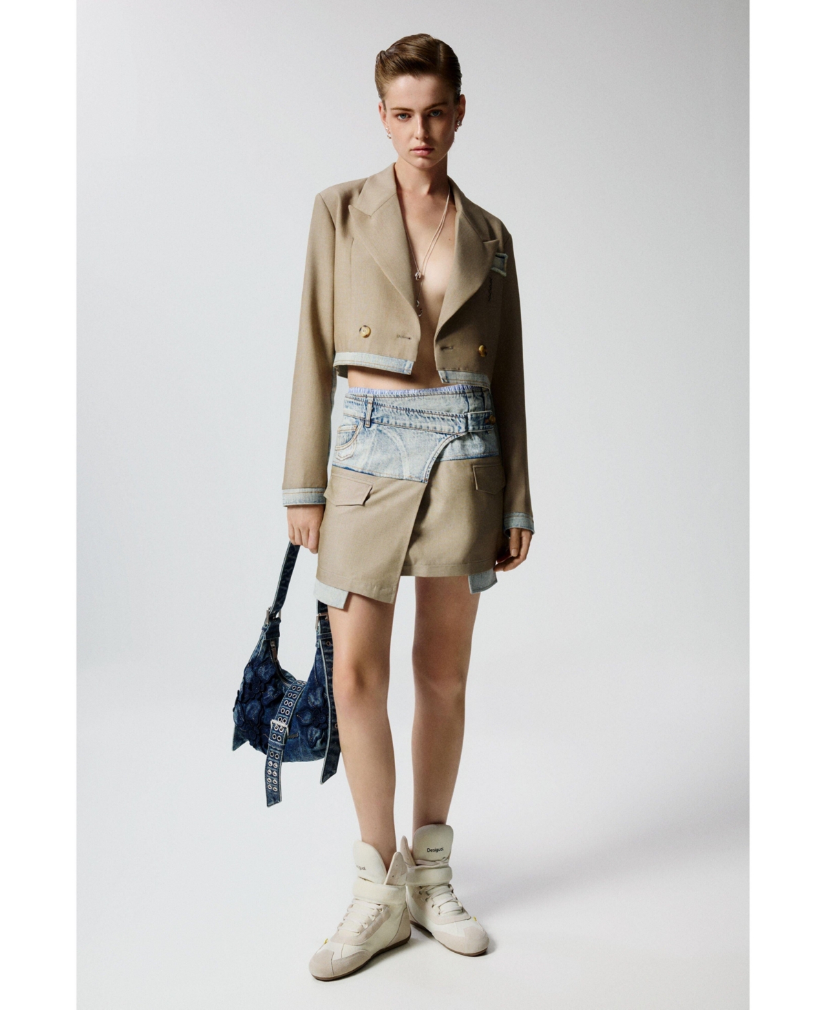 Desigual Women's Short Bimaterial Skirt In Blue