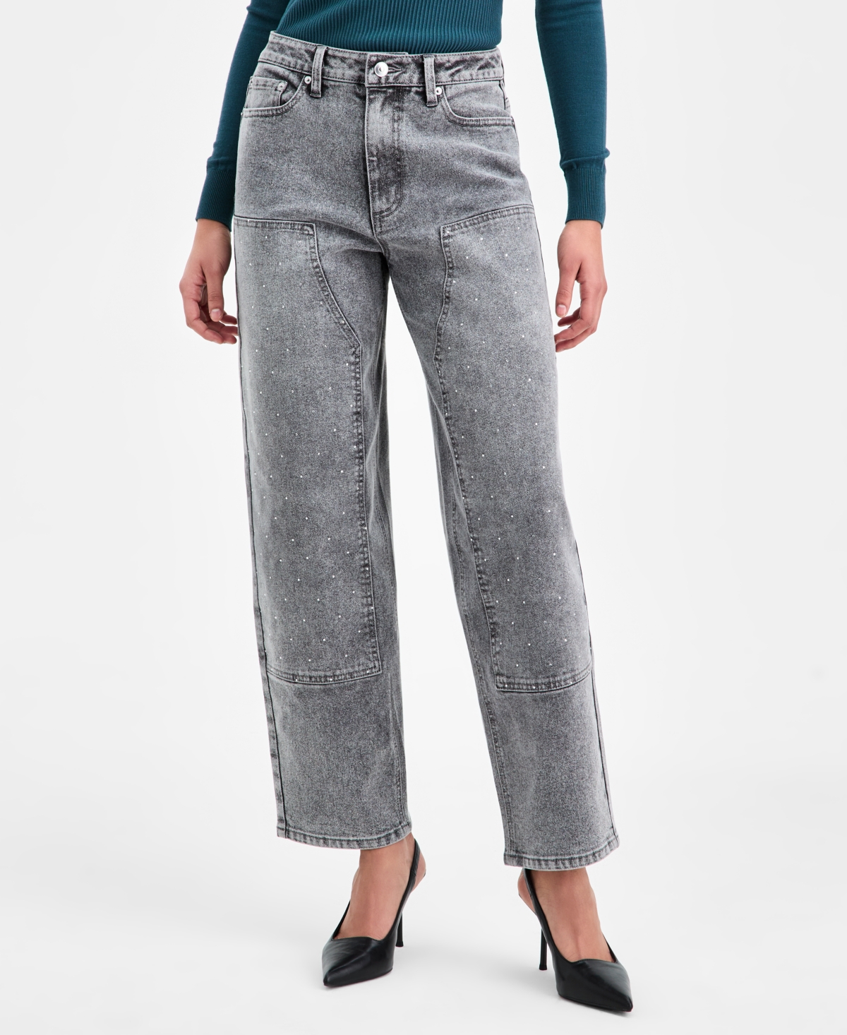Bar Iii Women's Rhinestone Embellished Barrel-Leg Jeans, Macy's Exclusive