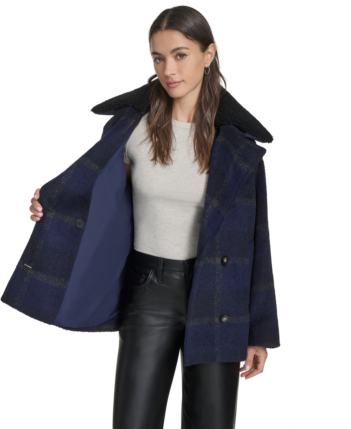 Levi's Plaid Short Peacoat With Removable Faux Shearling Collar In Multi