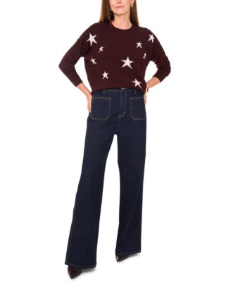 Women's Cozy Crewneck Star-Print Dropped-Shoulder Sweater