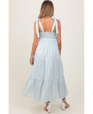 Maternity Floral Striped Smocked Shoulder Tie Maxi Dress