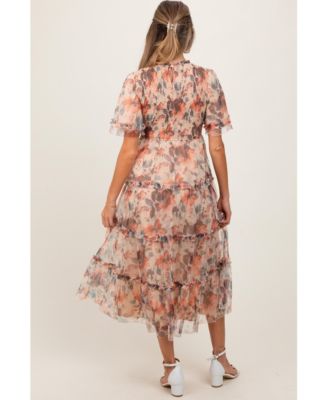 Peach Floral Mesh Smocked Midi Dress