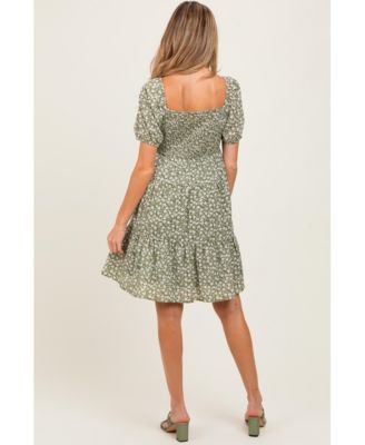 Maternity Light Olive Floral Tiered V-Neck Maternity Mini Dress