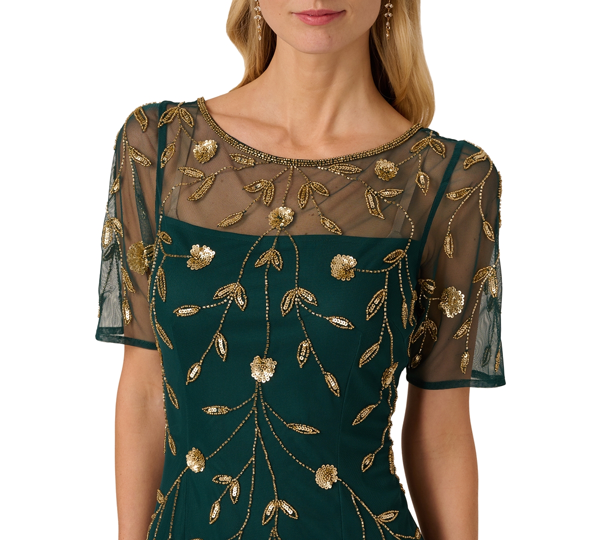 Adrianna Papell Women's Printed Bead Mesh Long Dress In Green