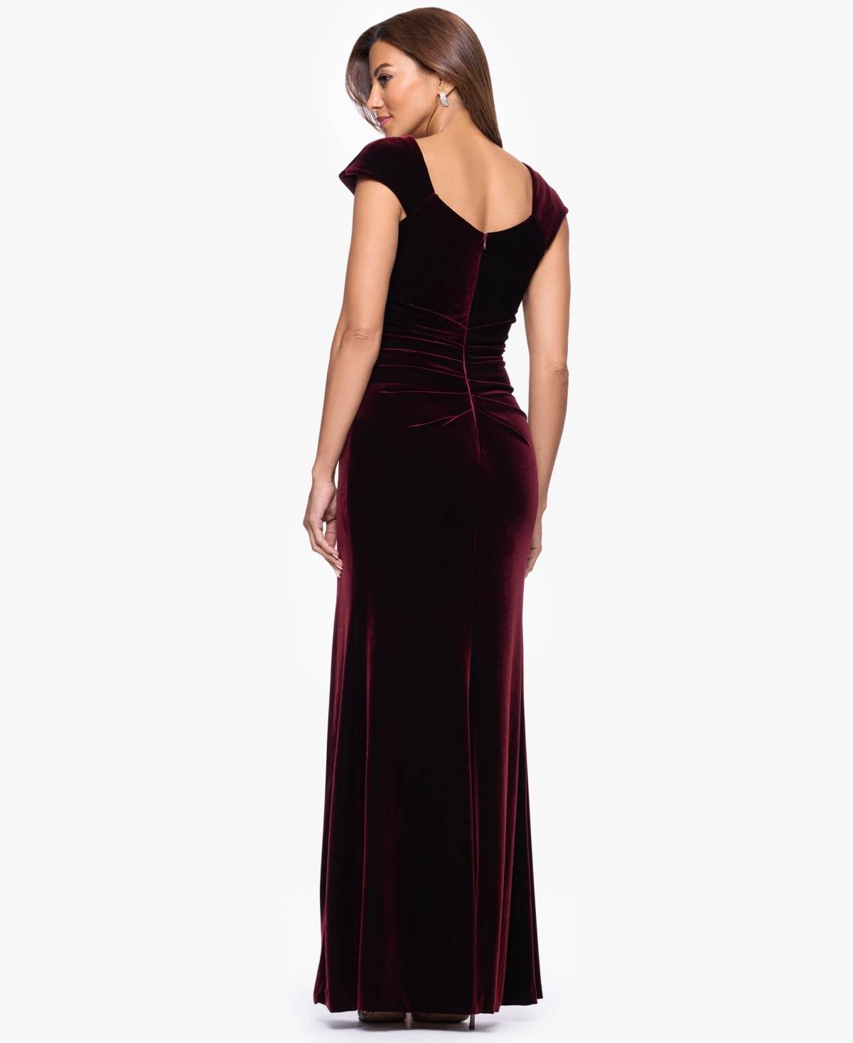 Xscape Petite Stretch Cap Sleeve Long Dress In Burgundy