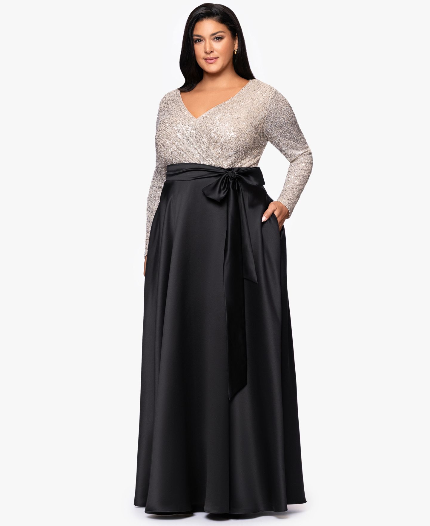Женское платье XSCAPE Plus Size Long Sleeve Sequin Ballgown Skirt, цвет: Чёрный телесный серебряный — фото 2
