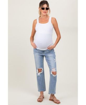 Light Blue Distressed Cutout Maternity Straight Leg Ankle Jeans
