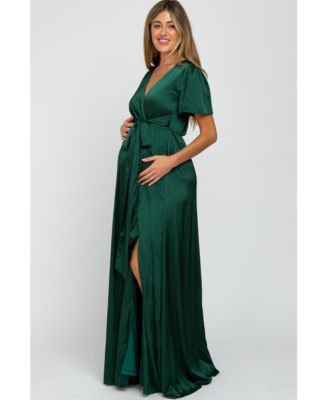 Maternity Green Side Slit Satin Maternity Maxi Dress