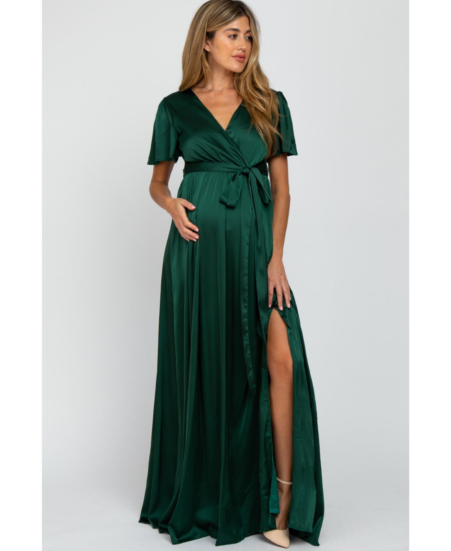 Женское платье Pinkblush Side Slit Satin Maxi, цвет: Тёмно-зелёный — фото 1