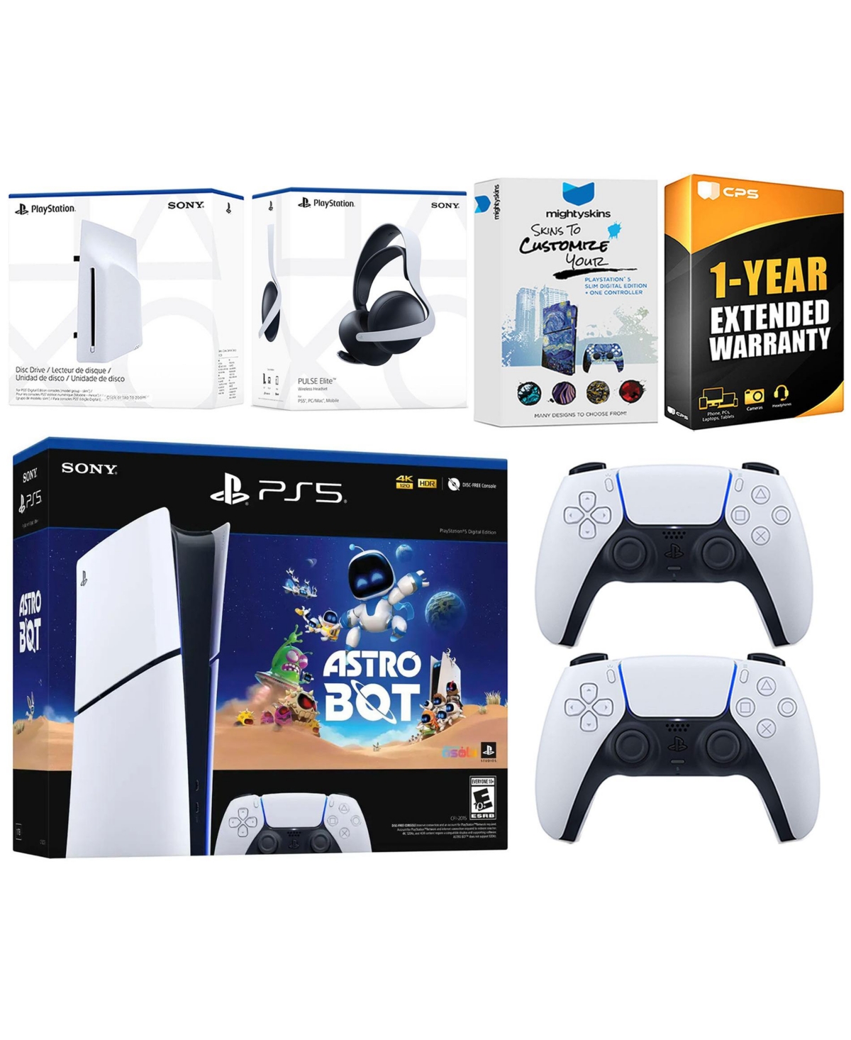 Sony PlayStation 5 Slim Digital Astro Bot Bundle with Disc Drive, Extra Controller, Pulse Elite Headset, MightySkins Voucher and 1 Year Extended Warra