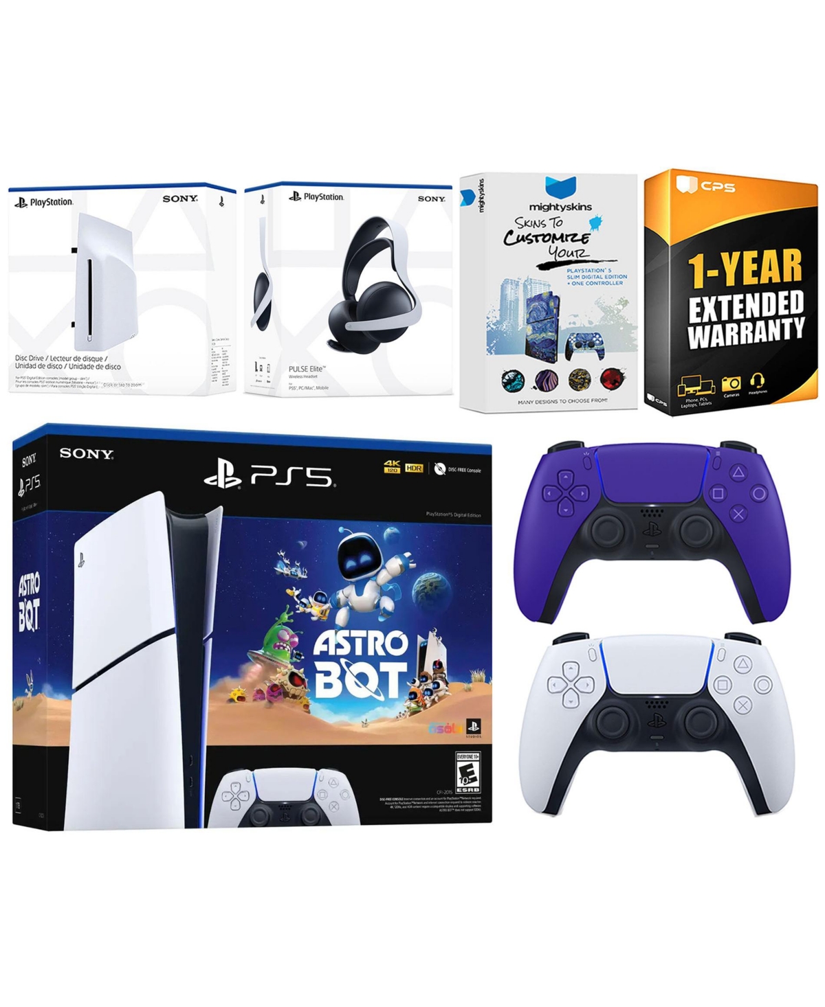Sony PlayStation 5 Slim Digital Astro Bot Bundle with Disc Drive, Extra Controller, Pulse Elite Headset, MightySkins Voucher and 1 Year Extended Warra