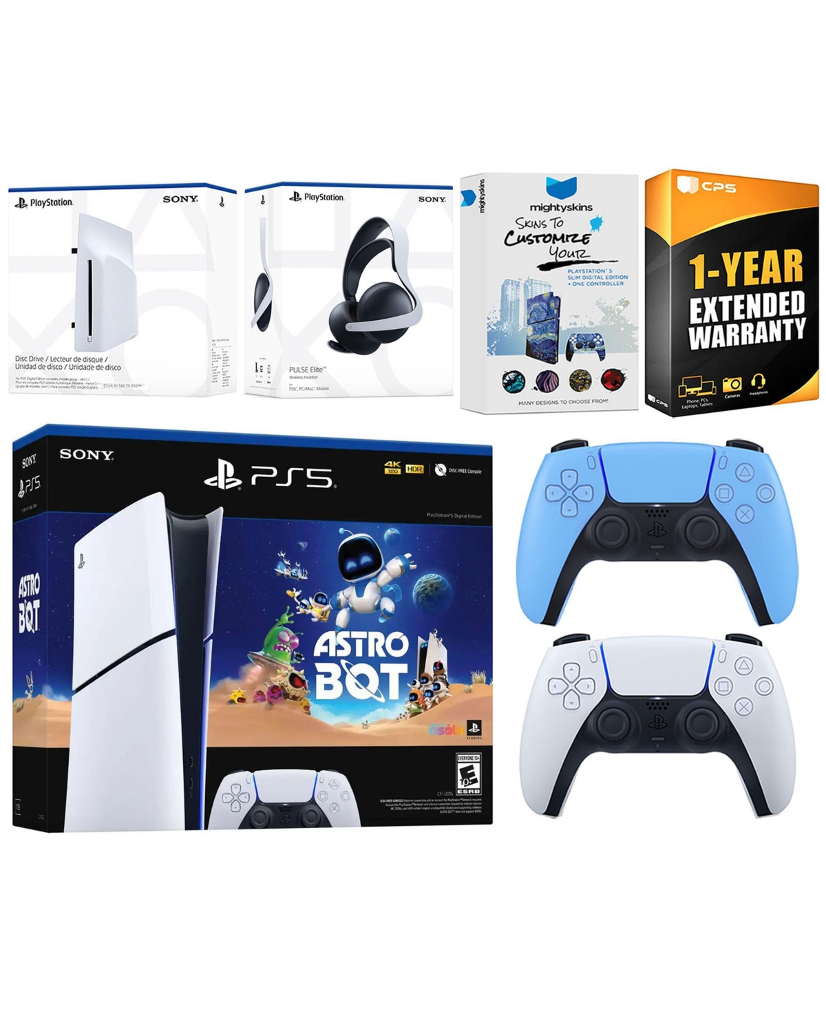 Sony PlayStation 5 Slim Digital Astro Bot Bundle with Disc Drive, Extra Controller, Pulse Elite Headset, MightySkins Voucher and 1 Year Extended Warra