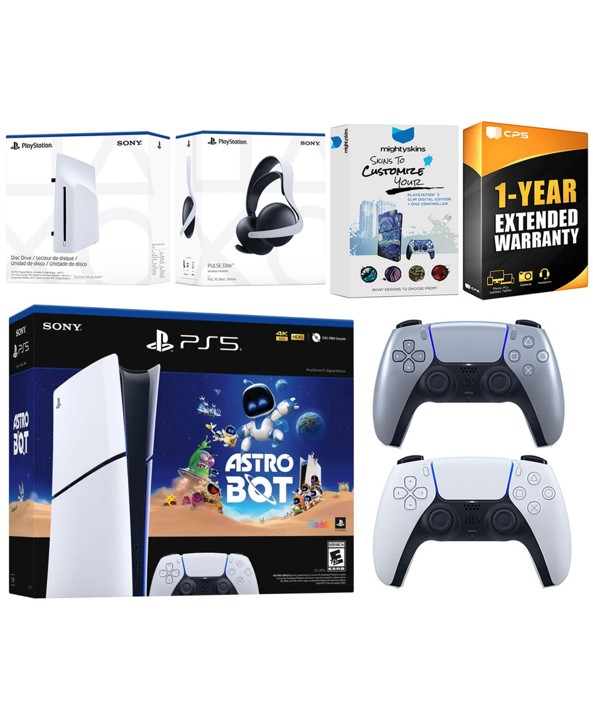 Sony PlayStation 5 Slim Digital Astro Bot Bundle with Disc Drive, Extra Controller, Pulse Elite Headset, MightySkins Voucher and 1 Year Extended Warra